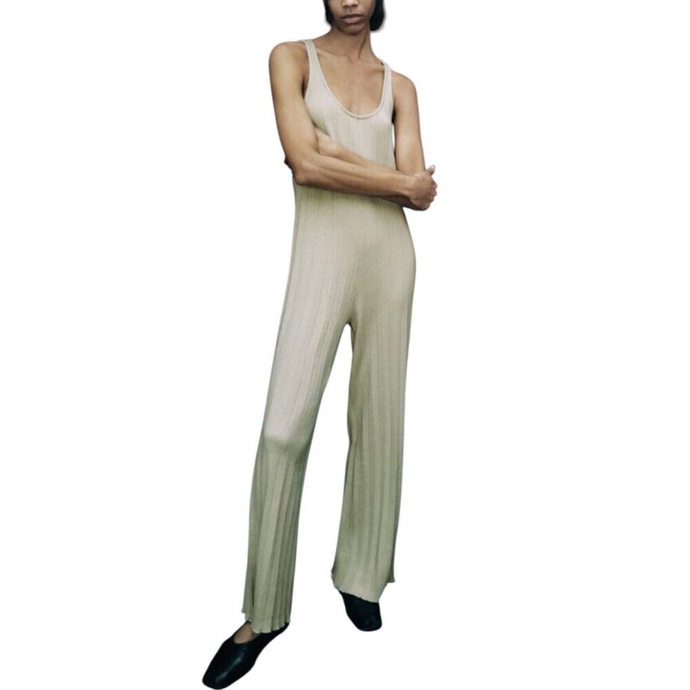 ZARA Womens Size Small Sleeveless Light Khaki Ribbed Knit Jumpsuit NWT New